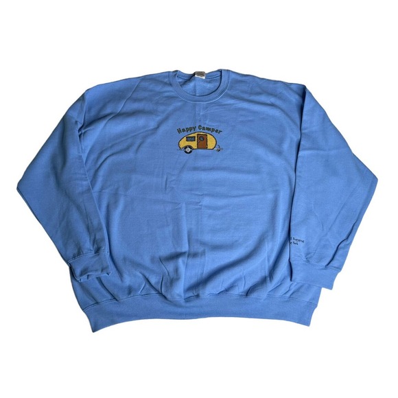 Gildan Womens Blue Happy Camper Crewneck Pullover Sweatshirt Topsail Park 3XL - Picture 1 of 5
